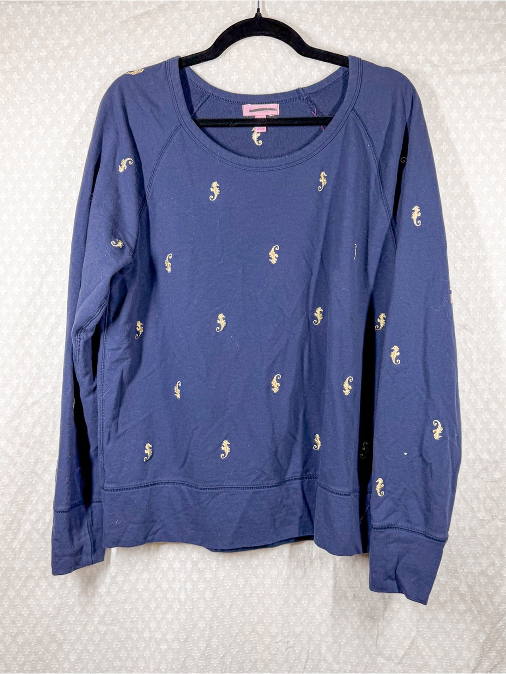 Lilly Pulitzer Dark Blue Gold Embroidered Seahorse Print Sweatshirt